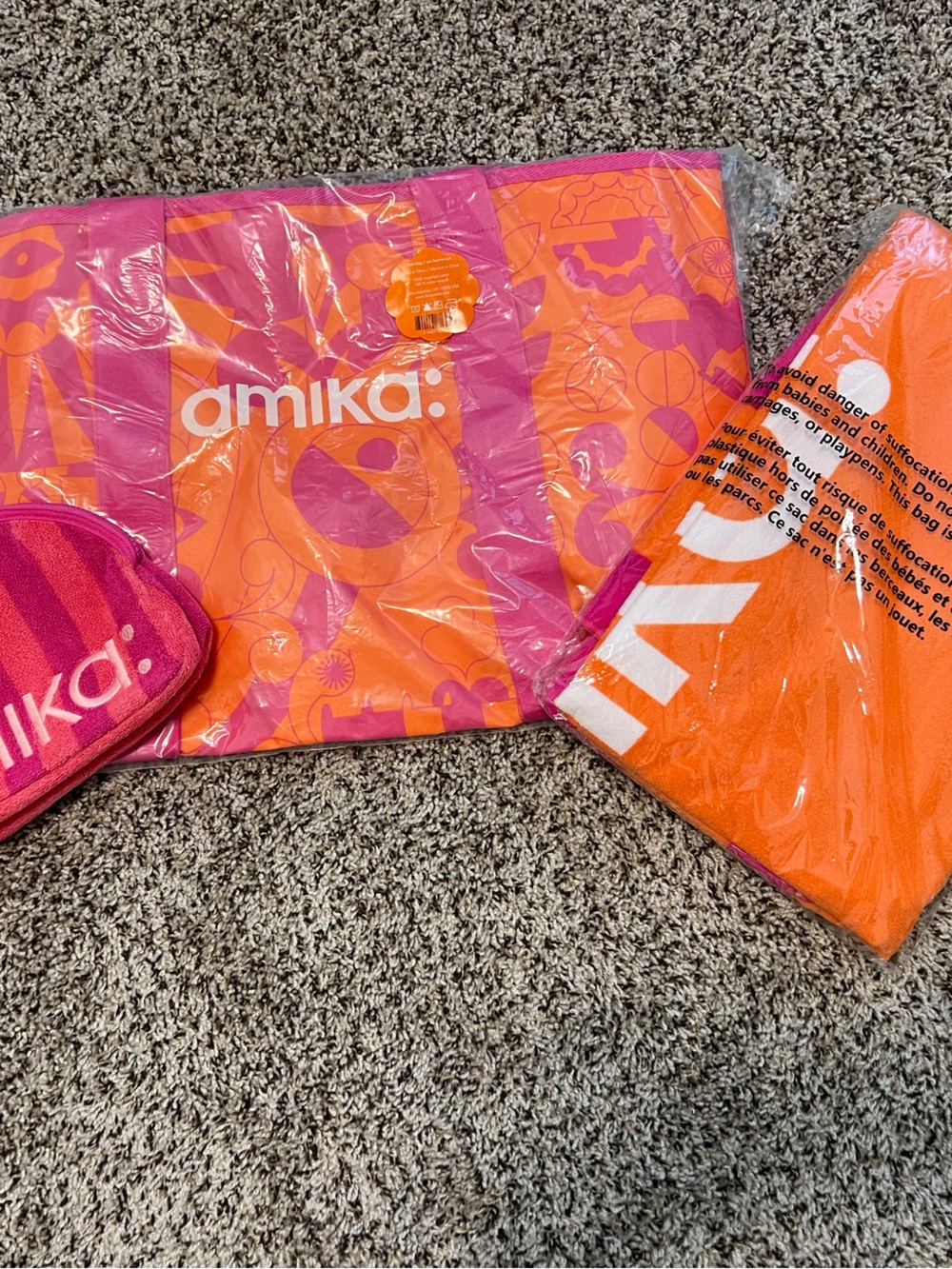 amika Hot Pink and Bright Orange Beach Bag, Makeup Bag, and Large Beach Towel
